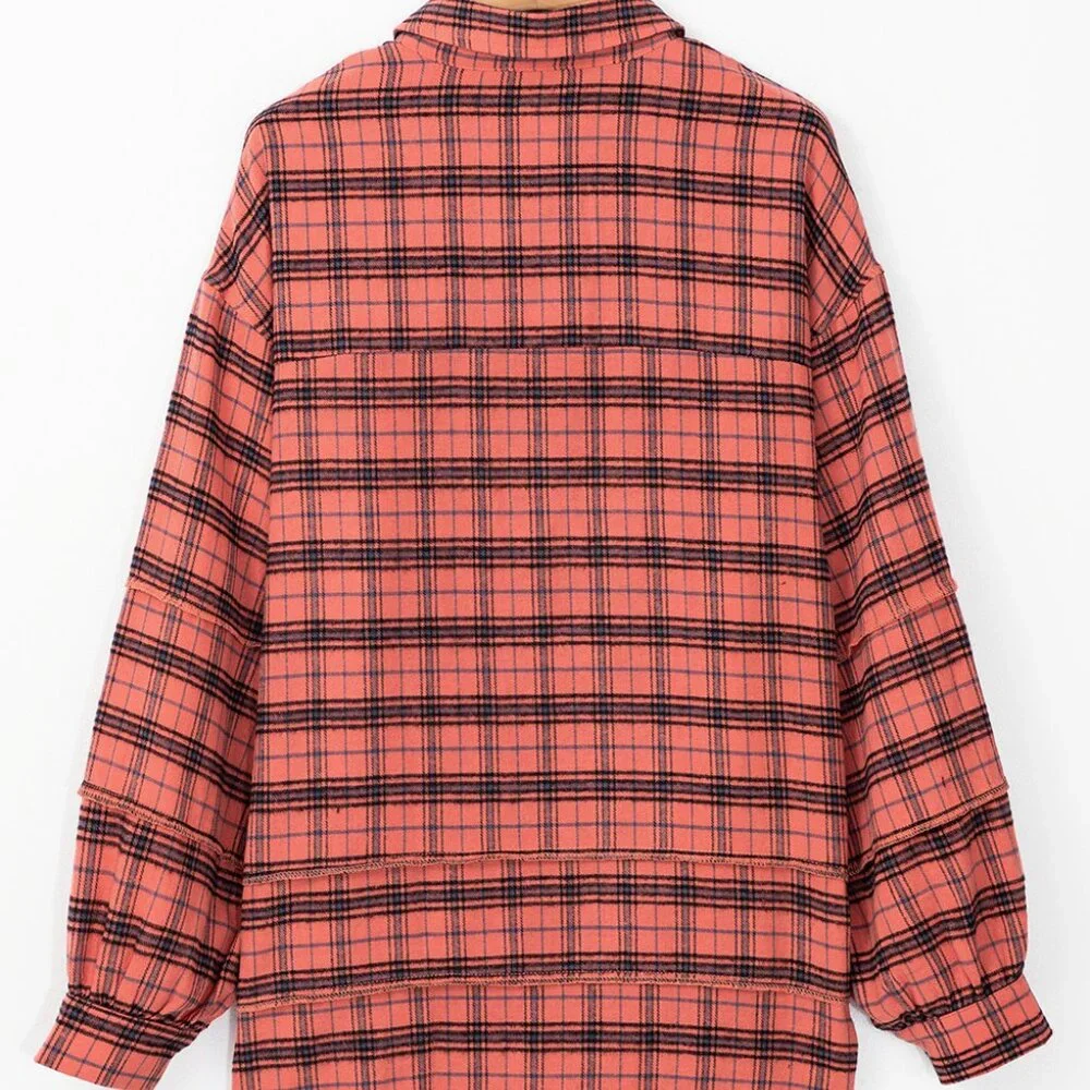 B308 Red Plaid Long Sleeve Side Split Distressed Hem Button Up Shirt - Picture 5 of 9